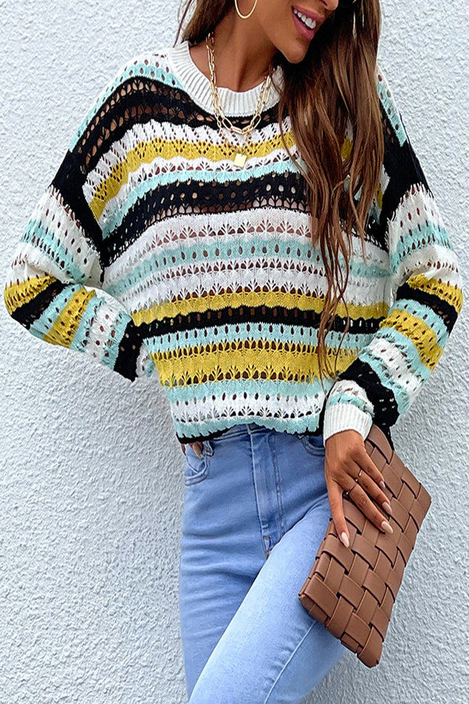 WOLFF Mix-Color Gestreiftes Patchwork Hollow Sweatshirt