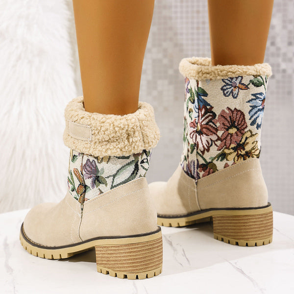 Wolff | Damen Stiefeletten - Winterstiefel mit Blumenmuster, warmem Futter und stabilem Absatz