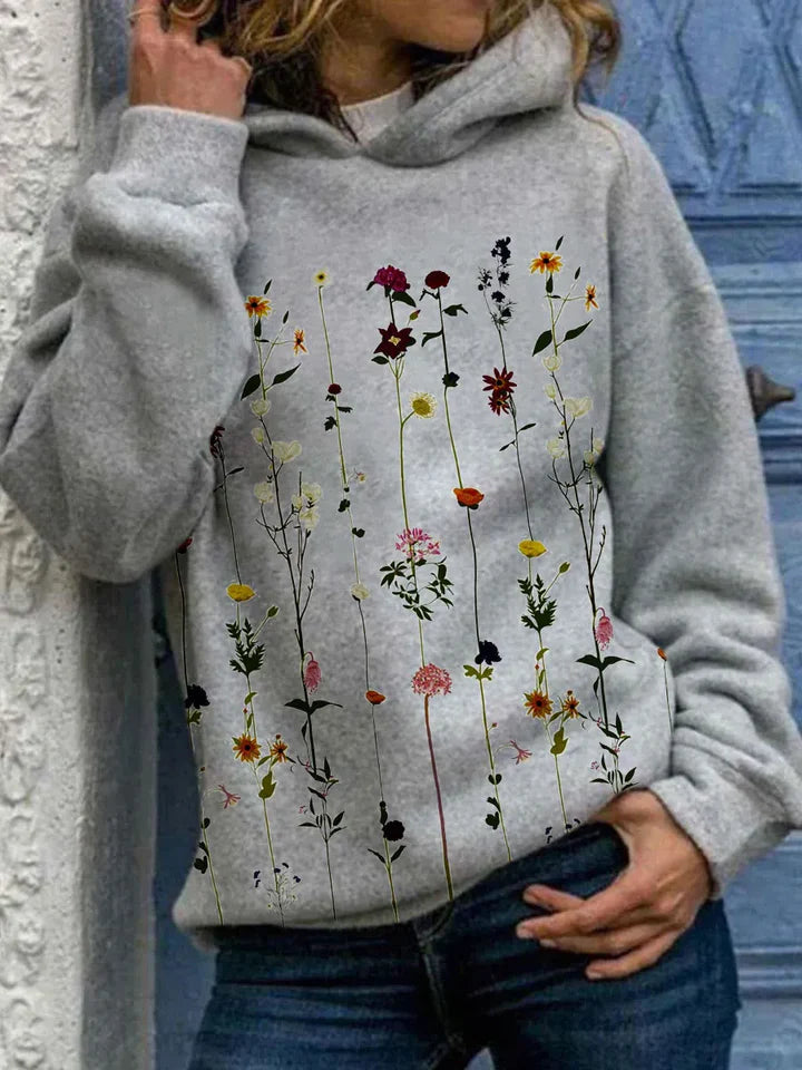 Wolff | Kapuzenpullover Bequem Grau Pullover mit Kapuze Blumen Kapuzenpullover