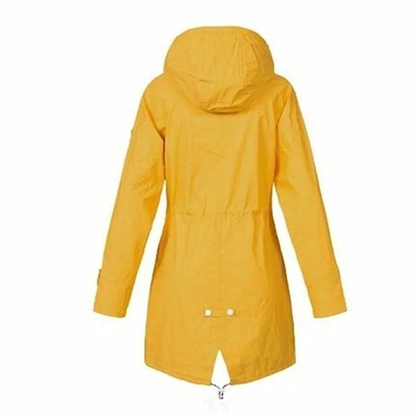 WOLFF - Damen wasserdichter Hoodie-Trenchcoat mit Taillenkordelzug, Reißverschluss und Außentaschen