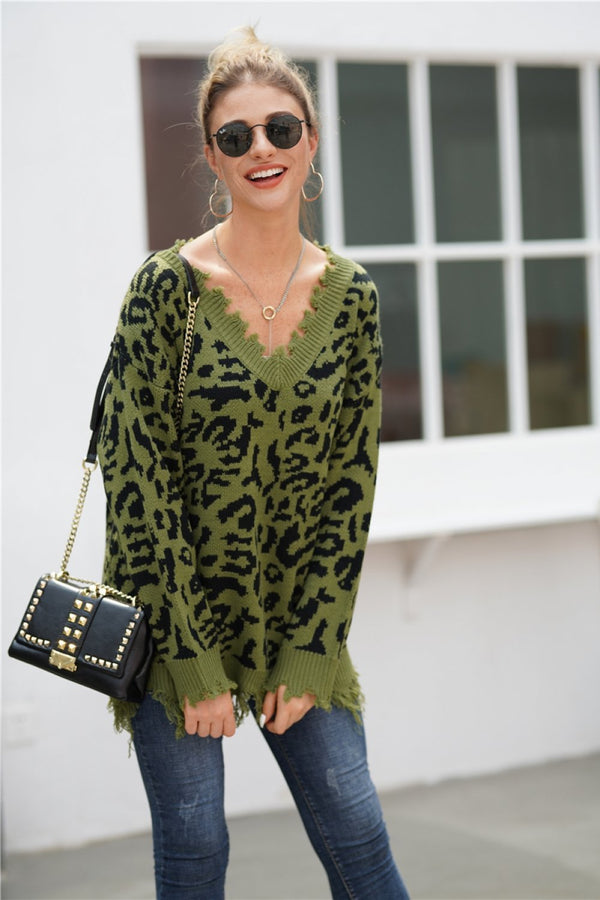 WOLFF Leopard V-Ausschnitt Lockere Sweater