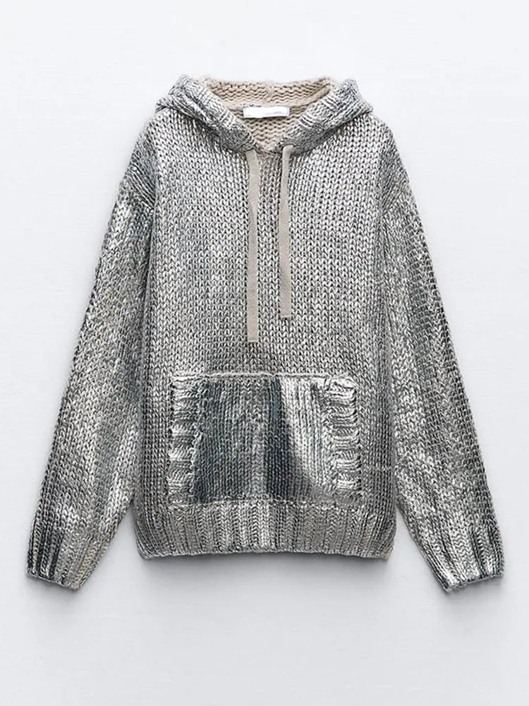 WW | Schicker Damen-Kapuzenpullover Mit Metallic-Rippbesatz Und Folie