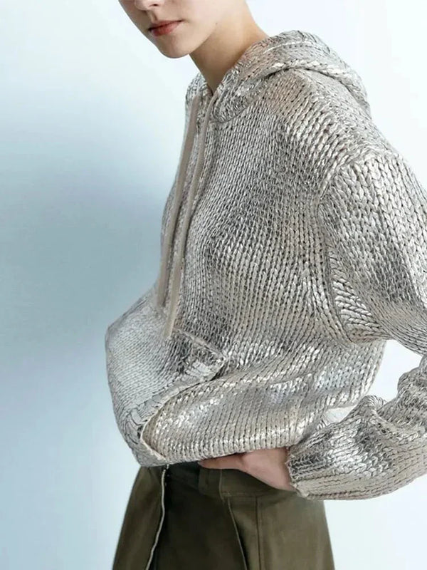 WW | Schicker Damen-Kapuzenpullover Mit Metallic-Rippbesatz Und Folie